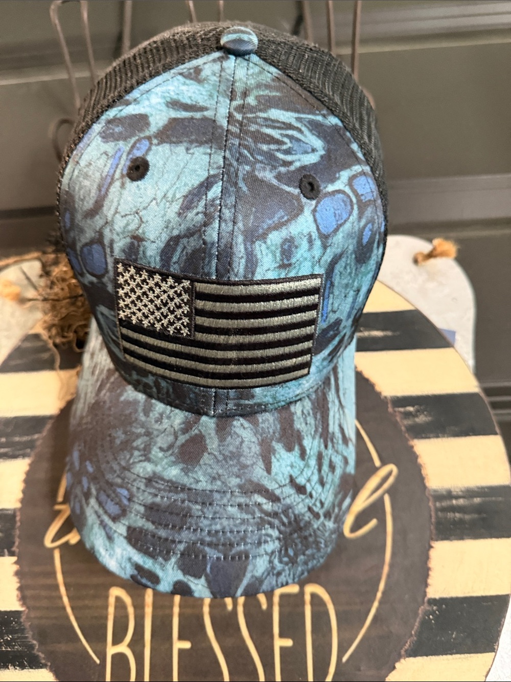 *NEW* Turquoise Blue Tie-Dye USA Flag Trucker Hat